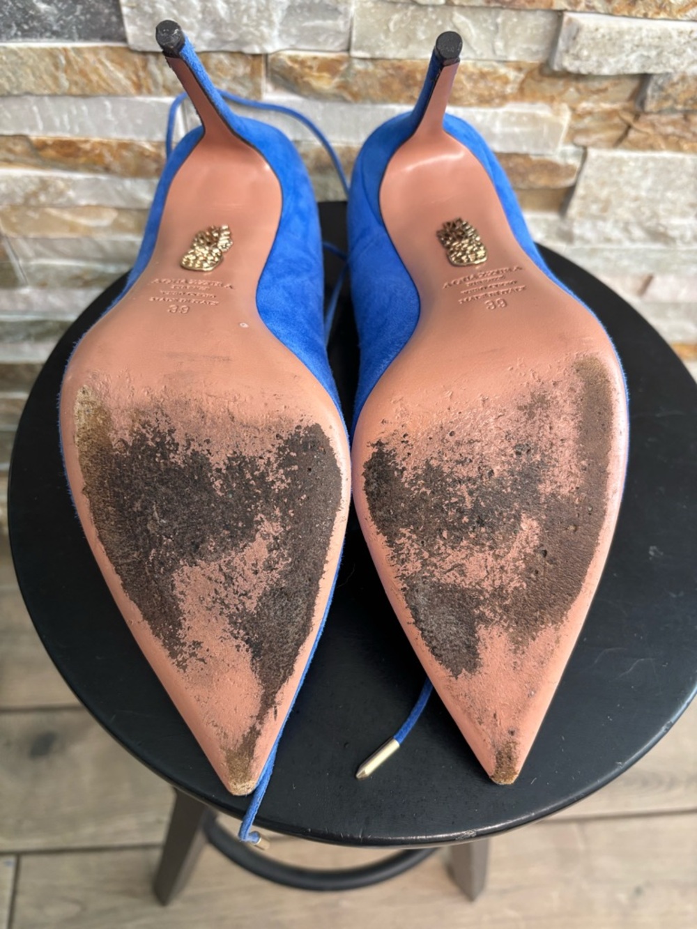 Aquazzura Matilde 105 Blue Suede Lace Up Pumps Size 39 Italy Designer - Picture 7 of 8